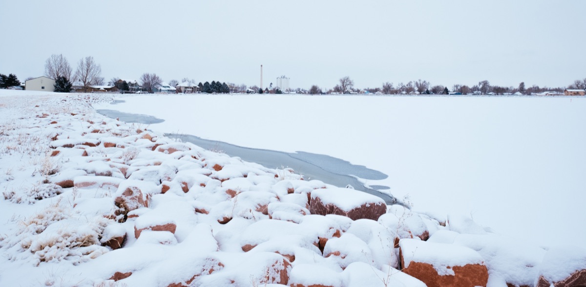 Windsor, Colorado skyline viewed from Lake Windsor in winter